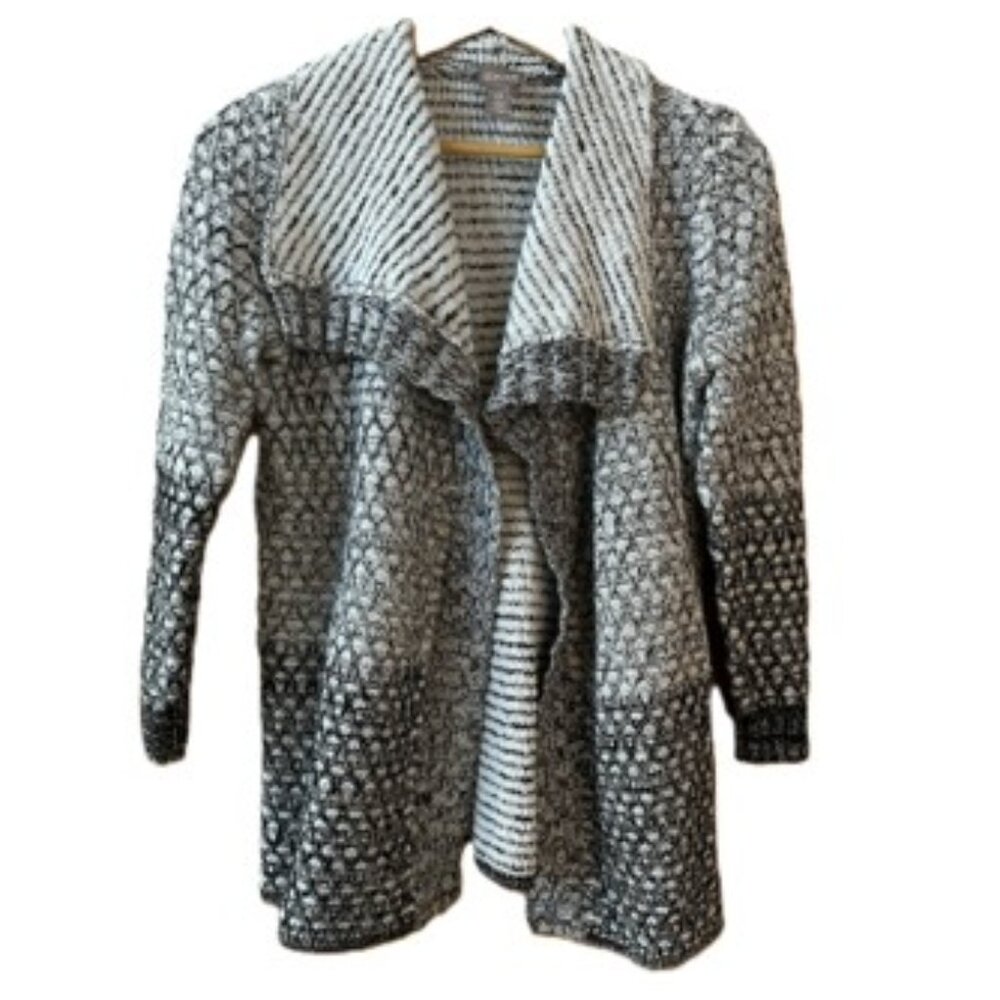 Chico's open knit cardigan shawl collar US size 4 Small Chico's sz 0 black white